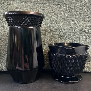 Art Deco Bundle Elegant Glass Vase n Candleholder Black Amethyst Diamondpoint
